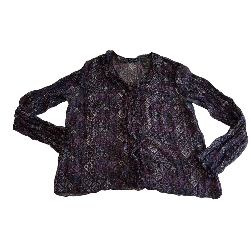 Vtg Y2K 2000s Purple Paisley Sheer Ruffle Blouse Sz XL Whimsygoth Fairy Grunge